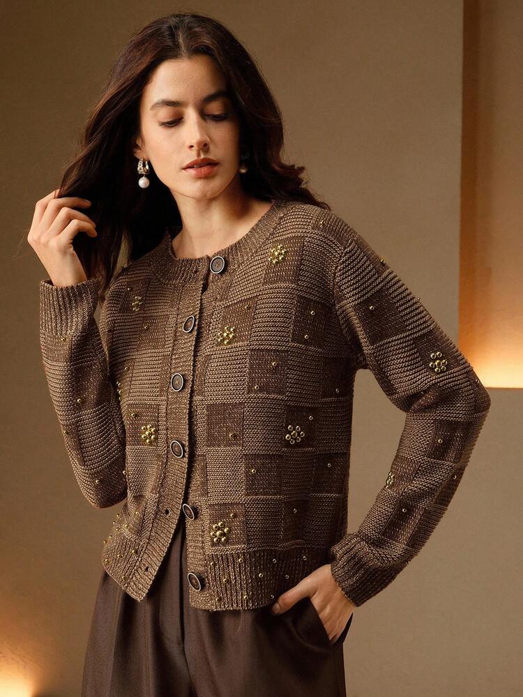 Square Jacquard Beaded Knit Cardigan, Suitable For Fall, Winter, Spring, New Year, Party, Wedding, Elegant, Chic, Stylish, Christmas, Business Casual For Women