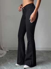 Elenzga Solid Color Flare Jeans - Black - View 5