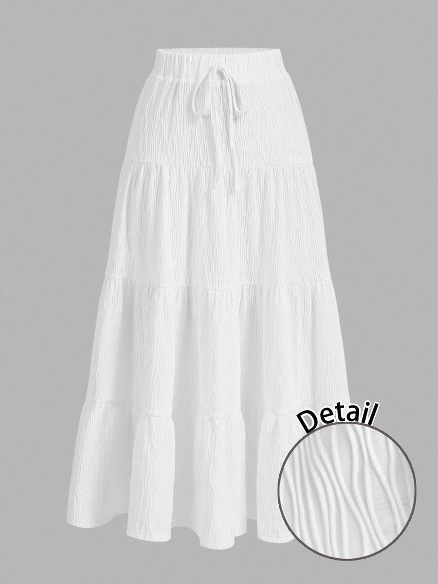 SHEIN EZwear 女士休闲度假纹理面料多层蛋糕裙，适合夏季，搭配别致 - 白色 - 查看 1