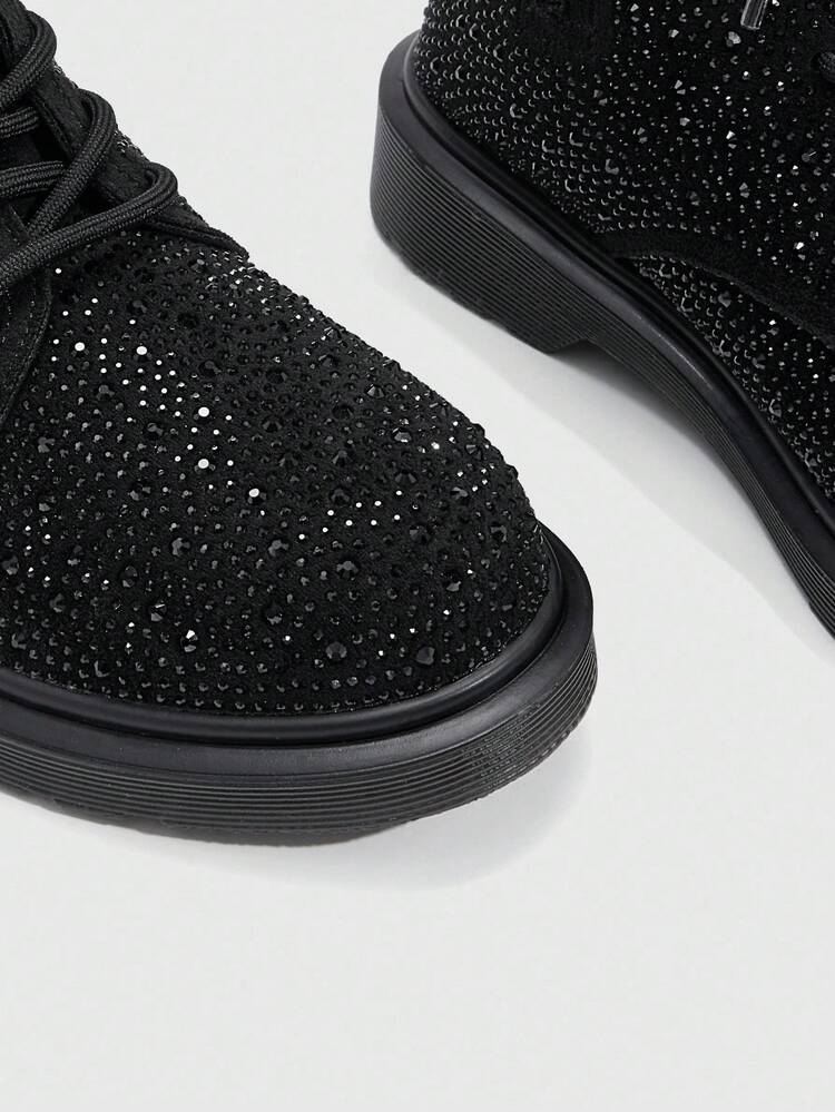 CUCCOO SZL Women's Round Toe Thick Sole Fashionable British Style Black Full Rhinestone Studded Glamorous Sexy Boots, Motorcycle Short Ankle Lace-Up Boots
