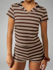 MISSGUIDED 复古风格罗纹两件套 Polo 领套装短袖夏季沙滩装度假装休闲春季假日家居服度假装 - 棕色 - 查看 5