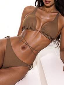 Swim Basics Summer Beach Solid Color V-Neck Halter Bra & Swim Bottom & Beach Cover Up Skirt Bikini Set Bathing Suit - Coffee Brown - View 9