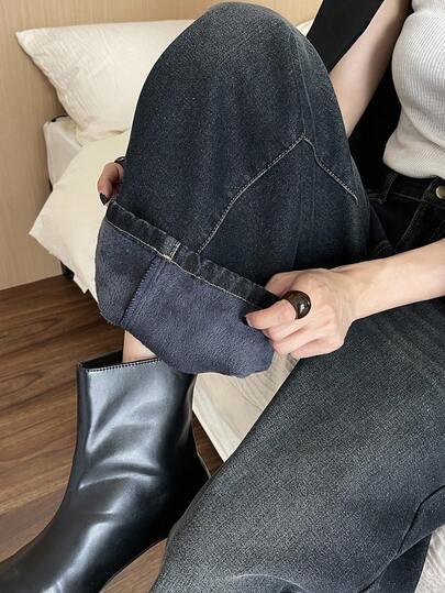 DAZY 女士宽松直筒牛仔裤，休闲街头风，带保暖内衬，冬季款