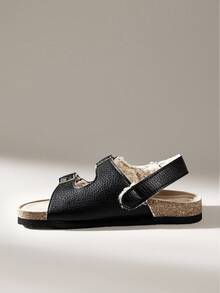 Solecia 女式带扣设计仿皮毛内衬休闲时尚厚底凉鞋 - 黑色 - 查看 3