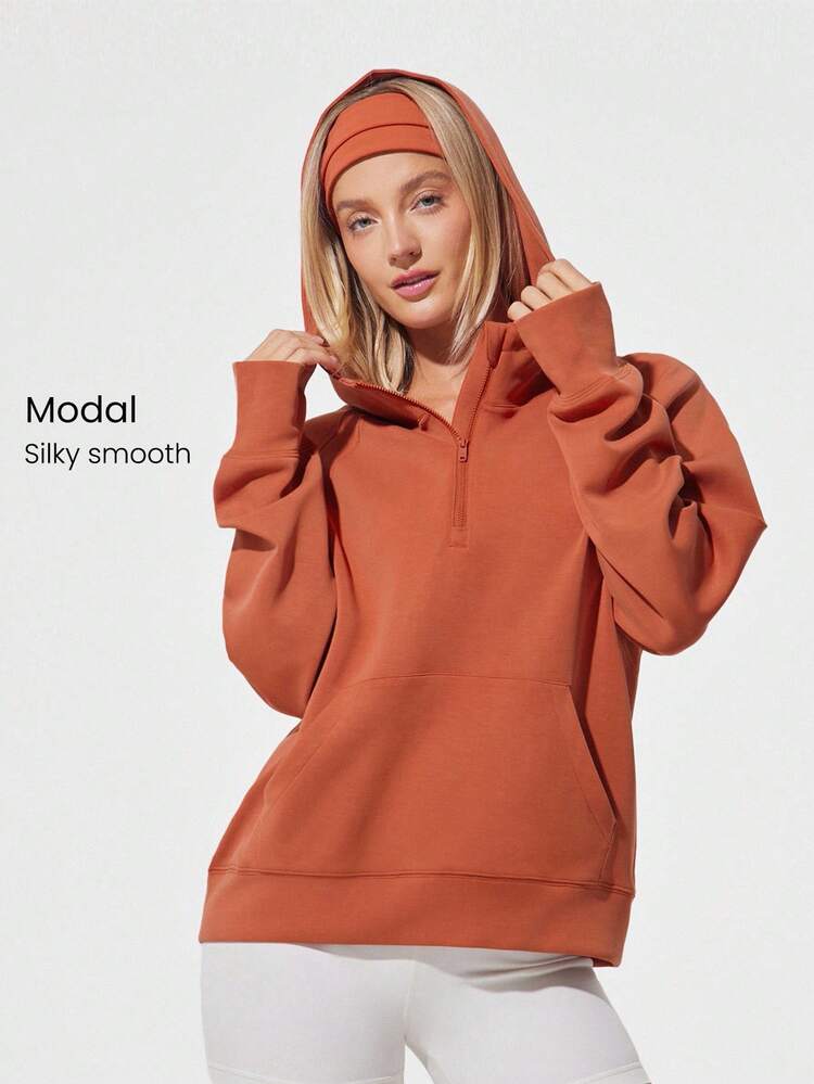 Modal Silk Touch Oversized Long Sleeve Half-Zip Hoodie  Spring Summer