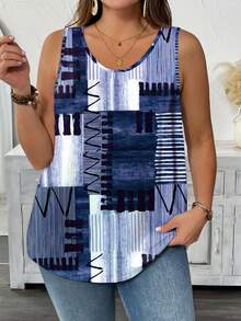 SHEIN LUNE Plus Size Summer Patchwork Print Casual Crew Neck Tank Top, Going Out Tops, Summer Women - Multicolor - View 1