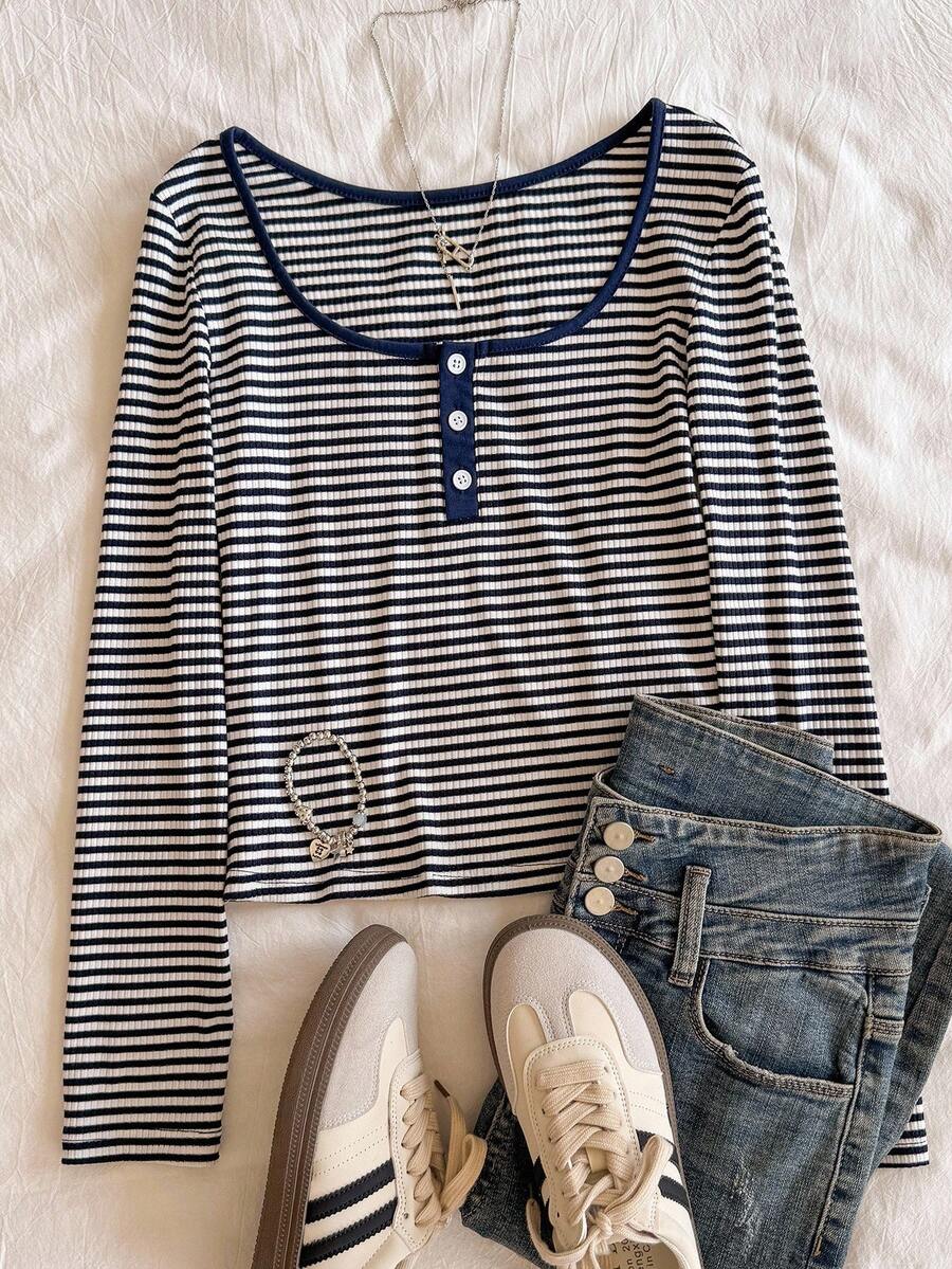 Sparklyn 少女休闲百搭条纹圆领开衫长袖T恤，秋冬 - 彩色 - 查看 1