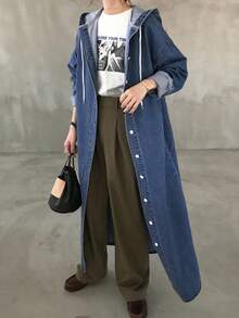 FRIFUL 女式秋季落肩长袖单排扣抽绳连帽长款牛仔夹克