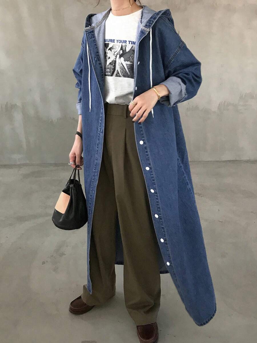 FRIFUL 女式秋季落肩长袖单排扣抽绳连帽长款牛仔夹克