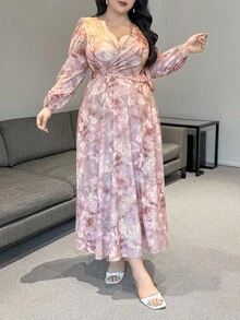Flirla 大码交叉裹身灯笼袖印花长袖优雅连衣裙 - 彩色 - 查看 3