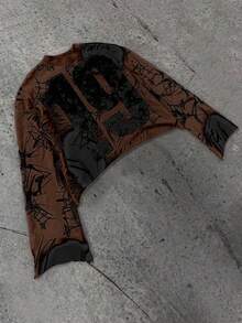 Manfinity Dauomo Men's Fashion Graffiti Print Crew Neck Sweatshirt , Fall, Long Sleeve Top - Coffee Brown - View 4