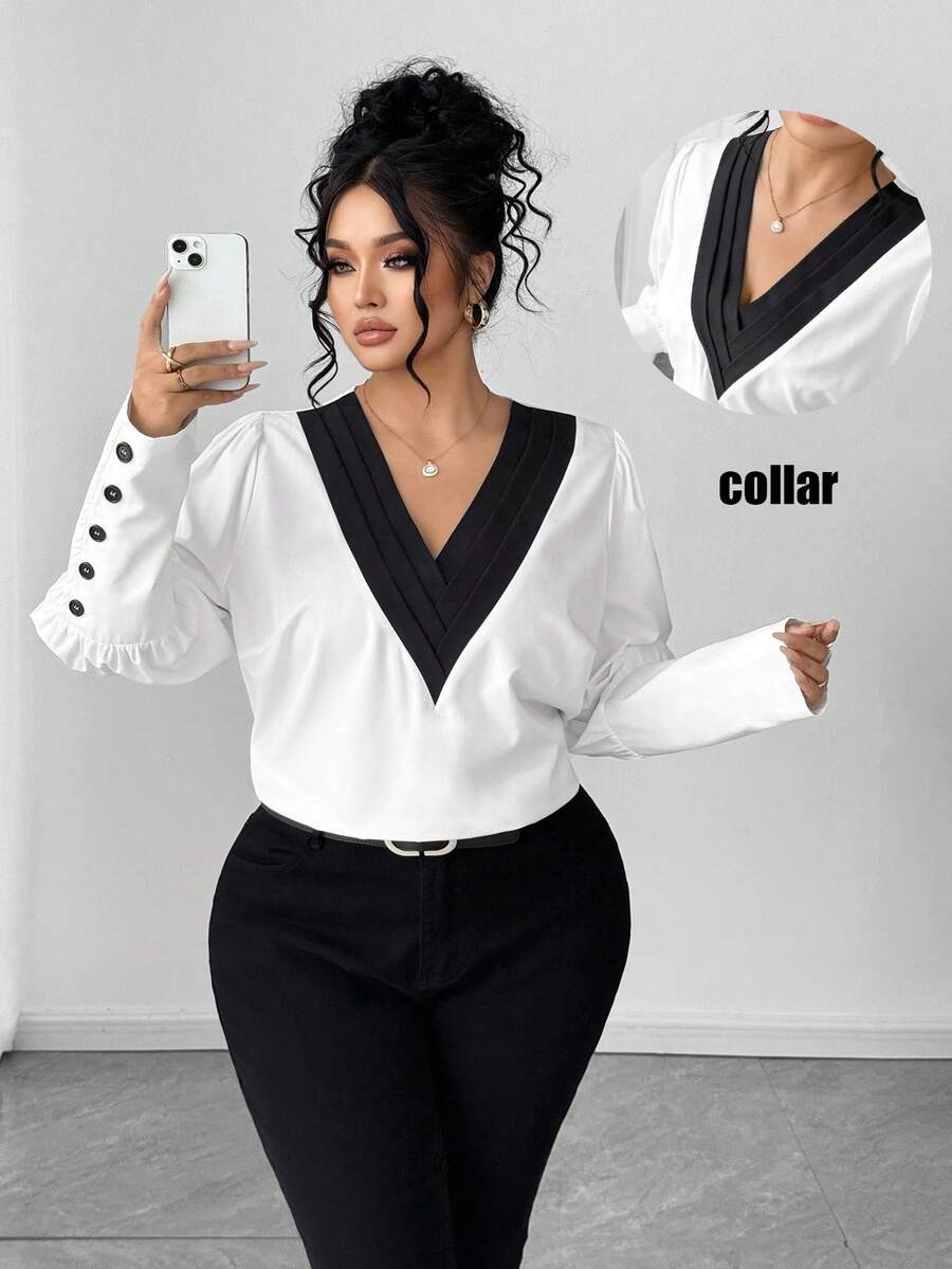 Elenzga Áo sơ mi cổ chữ V dệt kim cỡ lớn cho mùa thu - trắng - Xem 1