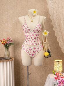 Swim Mod Women's Beach Outfit, Textured Fabric With Vintage Rose & Ditsy Floral, Sweet Lace Trim & Bow Accent, Fashionable Resort Wear, Cute Women's Swimsuit Set, Camisole Strap Bikini Pink Summer