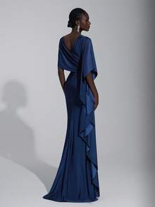 Elitara Elegant Luxurious Navy Blue Satin Ruffle Sleeve Sexy Slit Fishtail Bridesmaid Dress