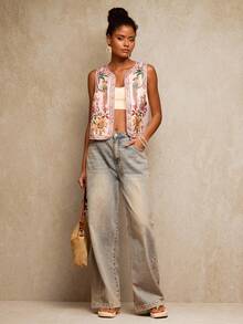 Travachic 女士花卉鹦鹉刺绣开襟轻薄背心外套，波西米亚风背心，花卉背心，休闲女装风格，外出，优雅，乡村风格，休闲，优雅背心外套 - 彩色 - 查看 3