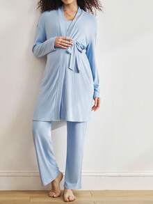 Moonlight&Mama BloomMama纯色针织开衫、吊带背心和休闲裤三件套孕妇睡衣套装，产后居家服，浅蓝色孕妇睡衣套装，舒适优雅，秋冬服装 - 藍色 - 查看 3