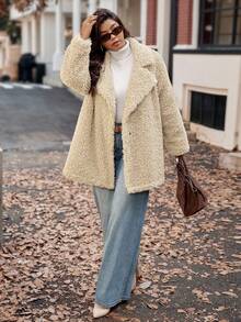 Vionelle Plus Size Fashion Solid Casual Long Sleeve Flip Collar Quilted Faux Teddy Fleece Jacket For Women Winter Autumn Fall