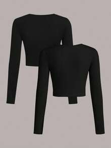 SHEIN EZwear 2 件黑色休闲简约圆领长袖短款修身 T 恤，适合秋冬季 - 黑色 - 查看 2