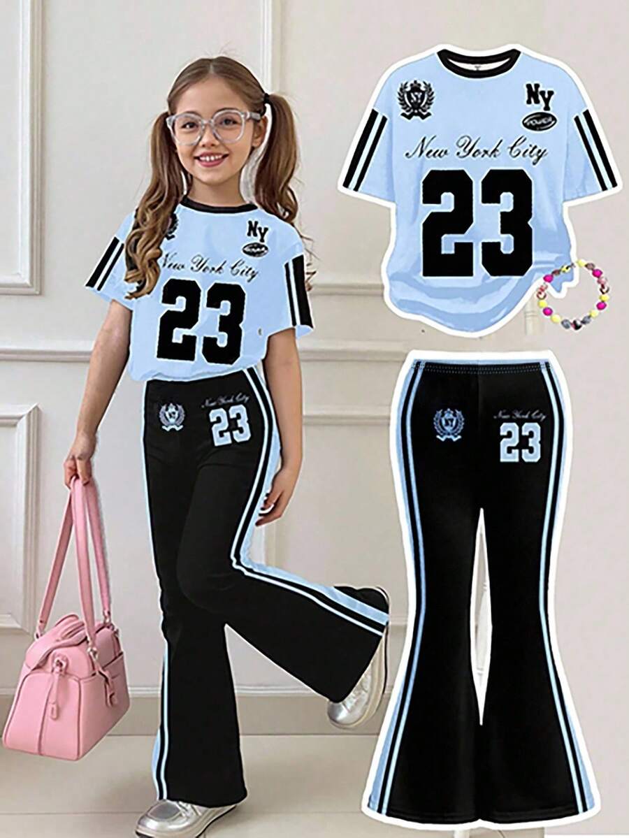 SHEIN Leap Crew 2pcs Tween Girls Casual Minimalist Short Sleeve Top And Long Pants Set, Suitable For Summer - Multicolor - View 1