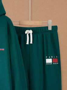 SHEIN Conjunto de sudadera con capucha y pantalones de chándal para adolescentes, estilo escolar casual, cómodo y de moda, versátil, tela suave, adecuado para uso diario, escuela, salidas, deportes al aire libre, otoño/invierno, vuelta al colegio, adecuado para vacaciones - Verde Oscuro - Ver 7