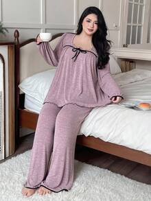 Dazy Plus 2pcs Plus Size Women Elegant Loose Fit Thickened Fleece Pajama Set, Autumn/Winter, Fall Winter Clothes, Cozy - Pink - View 1