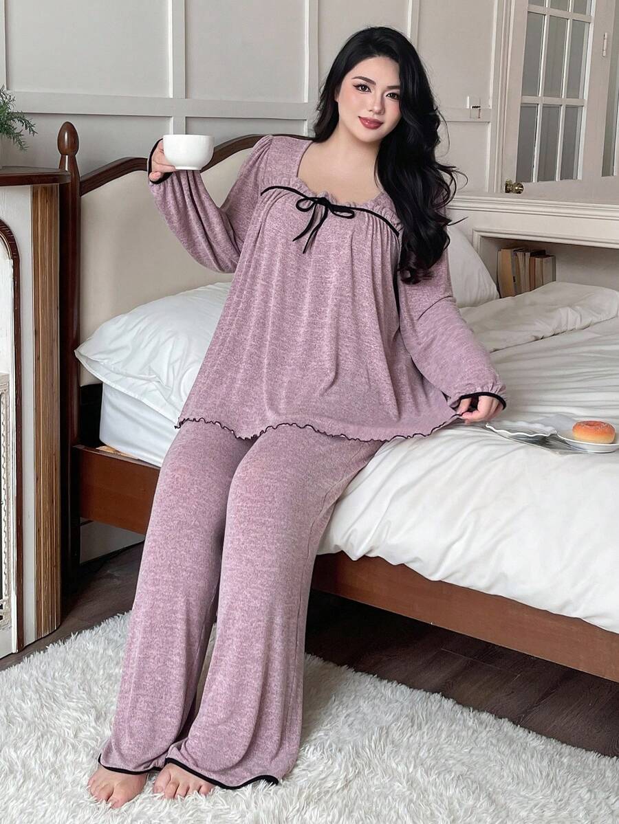 Dazy Plus 2pcs Plus Size Women Elegant Loose Fit Thickened Fleece Pajama Set, Autumn/Winter, Fall Winter Clothes, Cozy - Pink - View 1