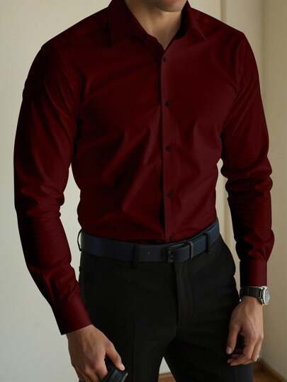 Manfinity Homme Plus Size Men's Casual Solid Color Long Sleeve Shirt, Fall