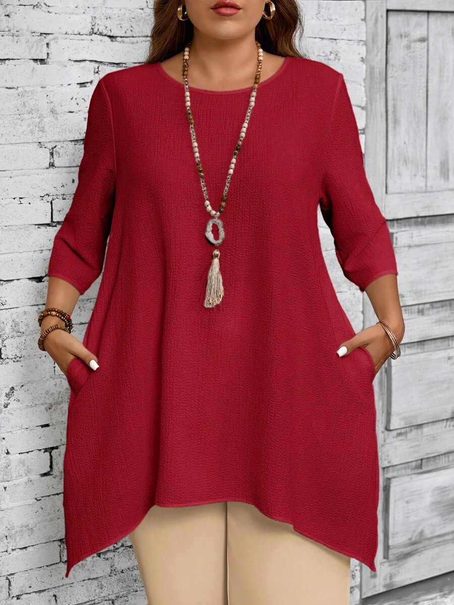 EMERY ROSE 大码女式圆领 3/4 袖不对称下摆休闲白衬衫，春夏秋季女装 - 紅色 - 查看 1