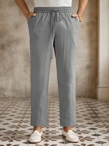 Manfinity VCAY Men's Casual Woven Mid-Waist Drawstring Tapered Ankle-Length Pants, Old Money, Fall - Grey - View 4