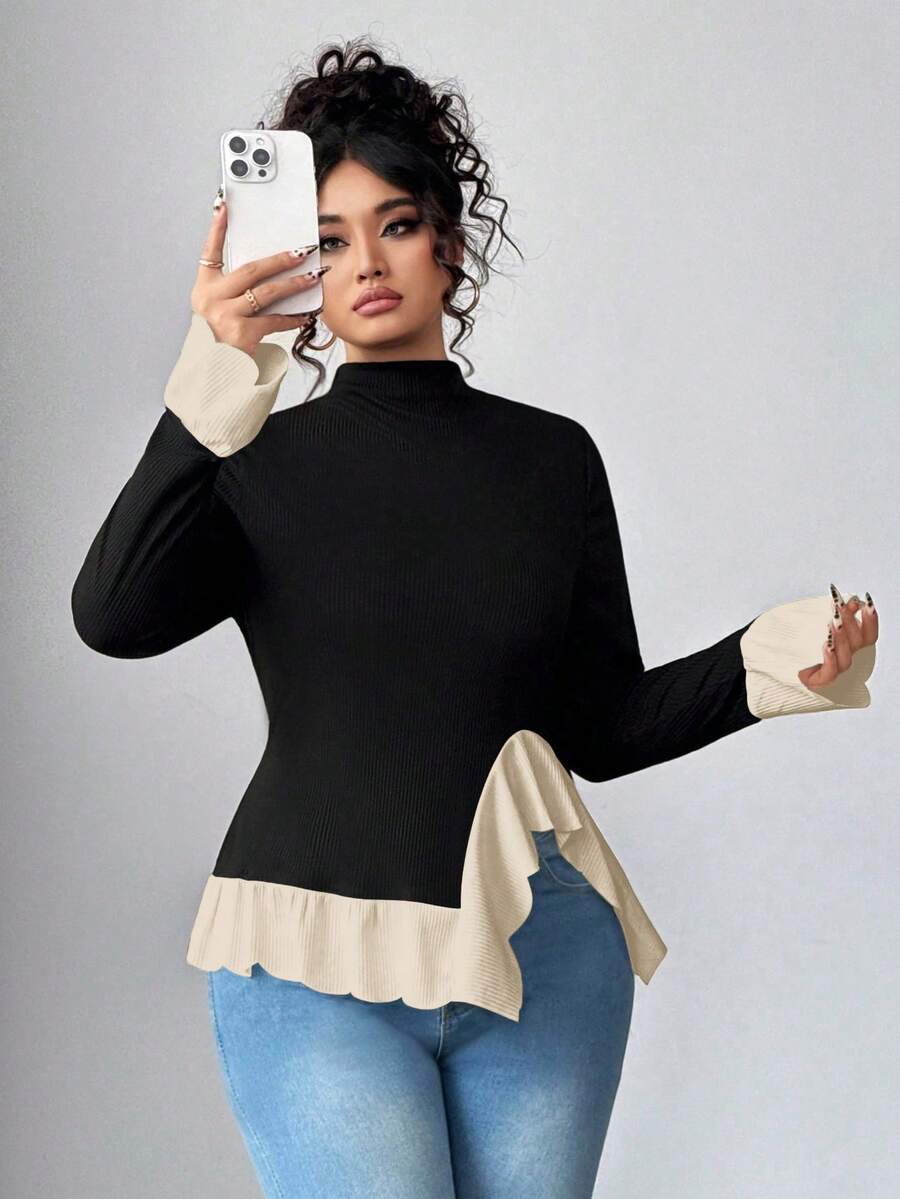 Elenzga Elegantes Damen Oversize T-Shirt Top im französischen Stil in Schwarz & Weiß Kontrast, weiße Rüschenborte am Ausschnitt, Rundhalsausschnitt