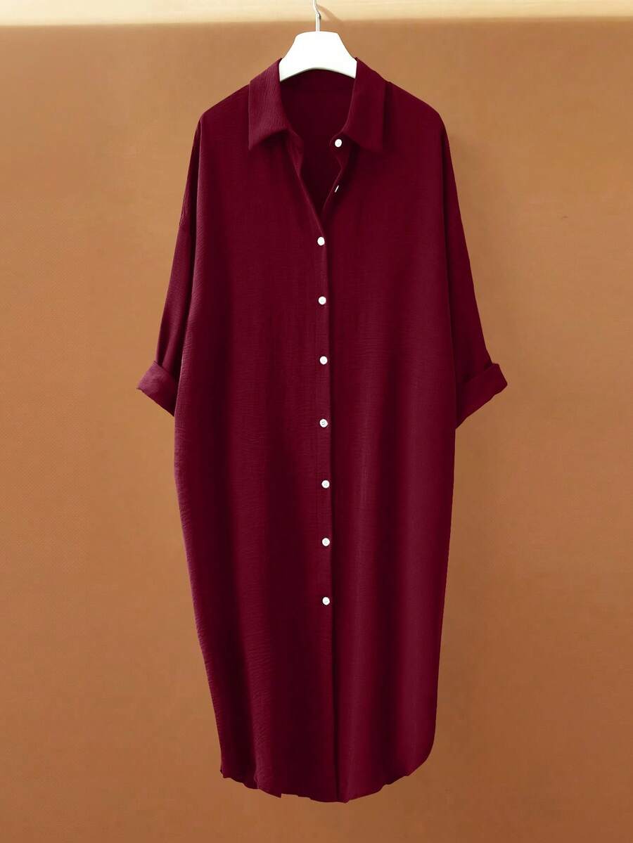 GlowEve 女式褶裥长款纽扣衬衫 - 酒紅色 - 查看 1