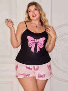 SweetSlumber طقم كامسول مزين بفيونكة وبيجامة مافية، ملابس نوم حلوة للمقاسات الكبيرة