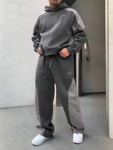 DAZY 男士秋季连帽衫和裤子套装，撞色拼布和字母刺绣，保暖内衬，舒适服装 - 灰色 - 查看 6
