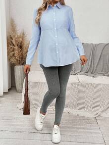 SHEIN 秋装，秋季服装，孕妇装秋冬装孕妇条纹长袖单排扣休闲百搭衬衫棉质孕妇衬衫 - 藍色 - 查看 3