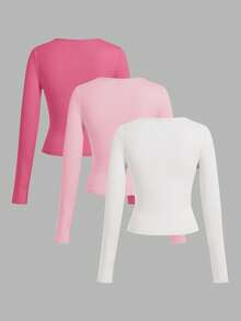 SHEIN EZwear 女士休闲圆领修身长袖T恤3件套，深粉色、浅粉色、白色，适合秋冬季