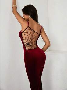 Rafferiza Women's Halloween Spider Web Decor Sexy Burgundy Velvet Spaghetti Strap Dress, Going Out Outfit - Burgundy - View 3