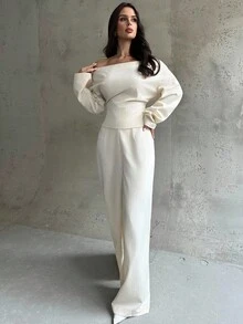 Firerie 夏季新款女士优雅休闲通勤杏色船领落肩长袖衬衫和阔腿裤套装，适合教师、返校、度假、秋季 - 杏色 - 查看 7