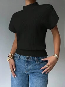 Aloruh 女式纯色立领蝙蝠袖短袖休闲针织上衣，秋季 - 黑色 - 查看 5