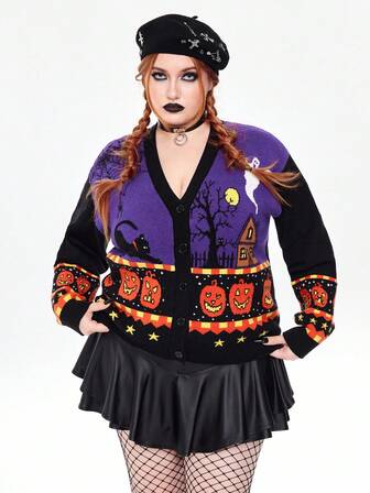 Goth Cardigan en tricot jacquard à motifs de citrouille, chat, toile d'araignée et fantôme pour grandes tailles, automne/hiver