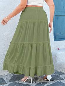 SHEIN MOOSTA Plus Size Women Elegant Vacation Ruffle Hem Solid Color A-Line Skirt - Army Green - View 2