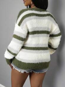 Slaydiva 女士休闲日常宽松条纹 V 领前开针织开衫，基本色，秋冬