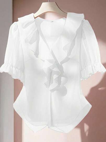 Franclia V-Neck Solid Color Casual Shirt With Ruffle Puff Sleeves, Summer White