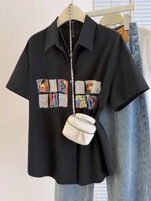 Women's Summer New Printed Cardigan Shirt (Random Print) - Black - View 1