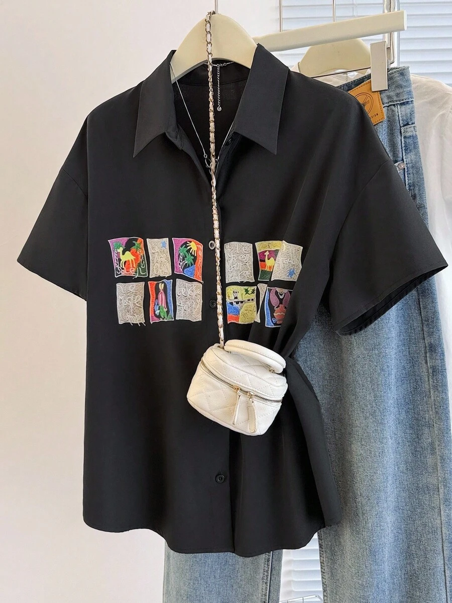 Women's Summer New Printed Cardigan Shirt (Random Print) - Black - View 1