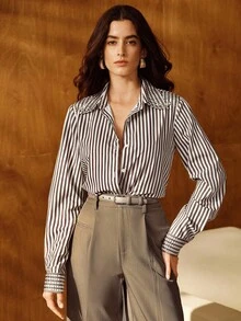 Anewsta Women's Handmade Rhinestone Embellished Black And White Striped Blouse,Autumn Elegant Office Commuting Casual Formal Party Chic Christmas Wedding - Coffee Brown - View 4