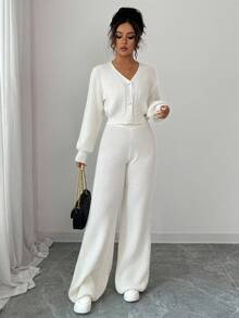 Elenzga 女士优雅钻石纹理珍珠纽扣前衬衫和宽松长裤针织两件套 - 杏色 - 查看 5