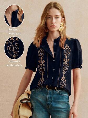 Écloséra Fashionable And Elegant Temperament Daily Versatile Frill Short Sleeve Accordion Edge Embroidery Red Women's Spring And Summer Shirt Top