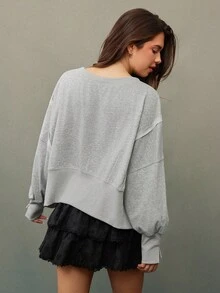 WESTFADE 棉混纺法国毛圈布圆领开叉下摆外露缝线宽松长袖短款幽灵女巫社交俱乐部蝴蝶结图案印花运动衫秋季、秋季、万圣节 - 灰色 - 查看 2