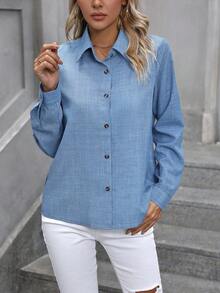 EMERY ROSE Women's Solid Color Long Sleeve Single-Breasted Casual/Work Shirt - Blue - View 6