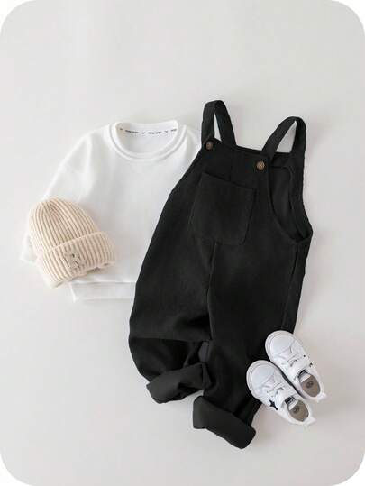 SHEIN Young Boy Solid Pocket Patched Overall Jumpsuit Without Hoodie